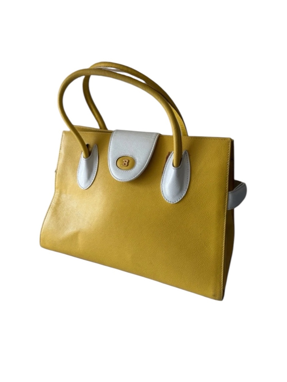 Vintage Bally Mustard Yellow White Leather Structured Satchel Handbag - Picture 10 of 10